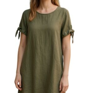 TERZO MILLENNIO Linen Shift  Dress Sage Green Tied Short Sleeves Coastal Loose S